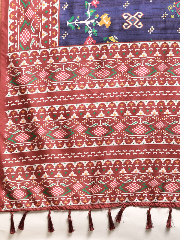 Navy Blue Silk Blend Saree with Digital Patola Print and Blouse