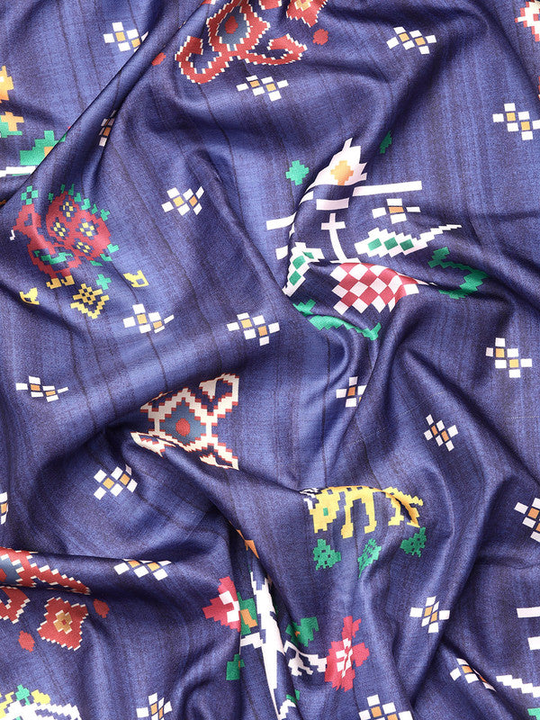 Navy Blue Silk Blend Saree with Digital Patola Print and Blouse