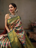 Pure silk multicolor saree with floral motifs and gold Zari woven border