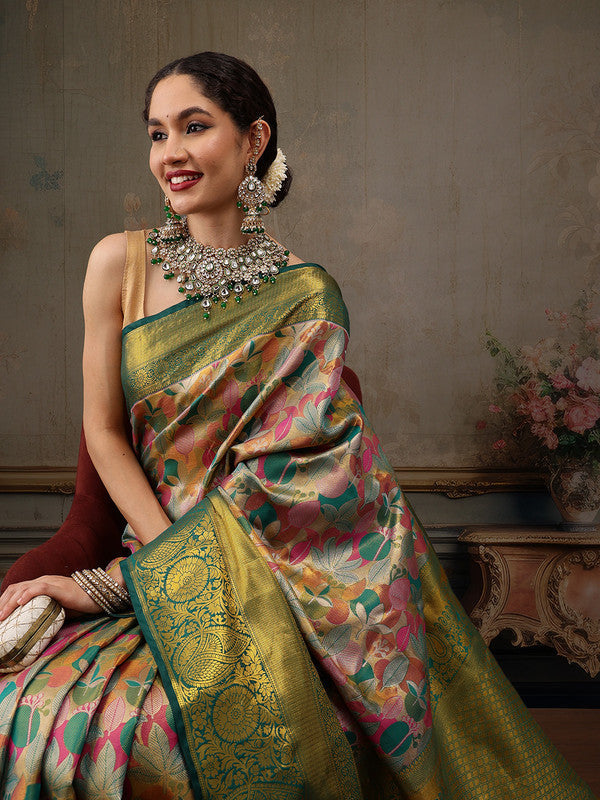 Pure silk multicolor saree with floral motifs and gold Zari woven border