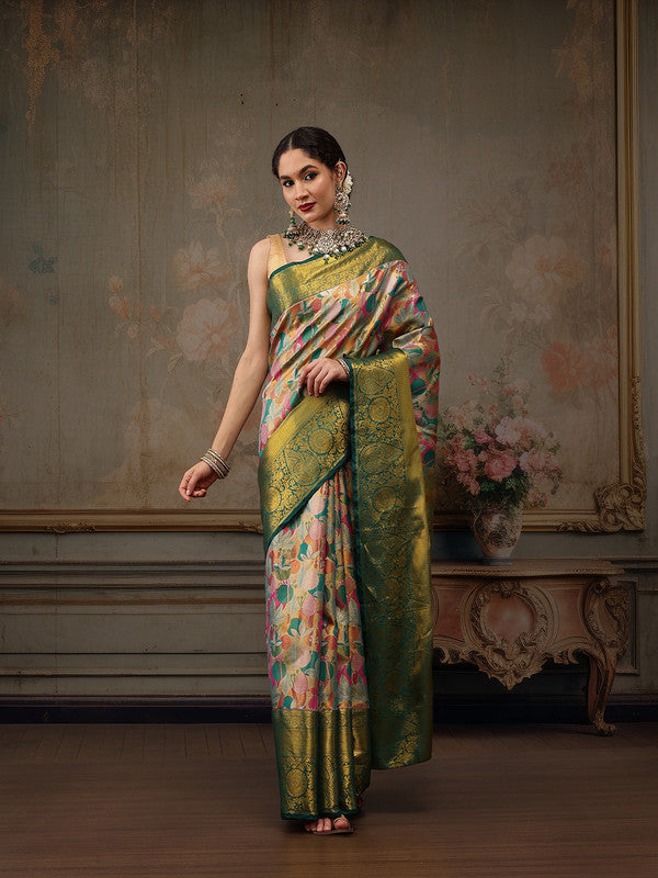 Multicolor Pure Silk Floral Saree with Zari Woven Design