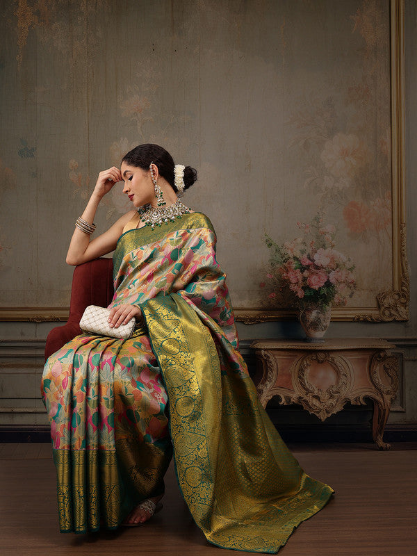 Multicolor Pure Silk Floral Saree with Zari Woven Design