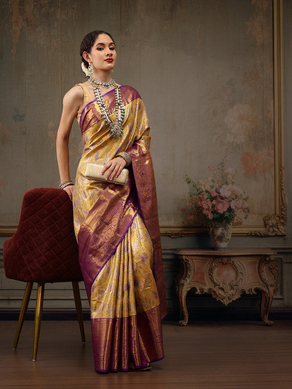 Mustard pure silk saree with woven Zari floral design and blouse piece