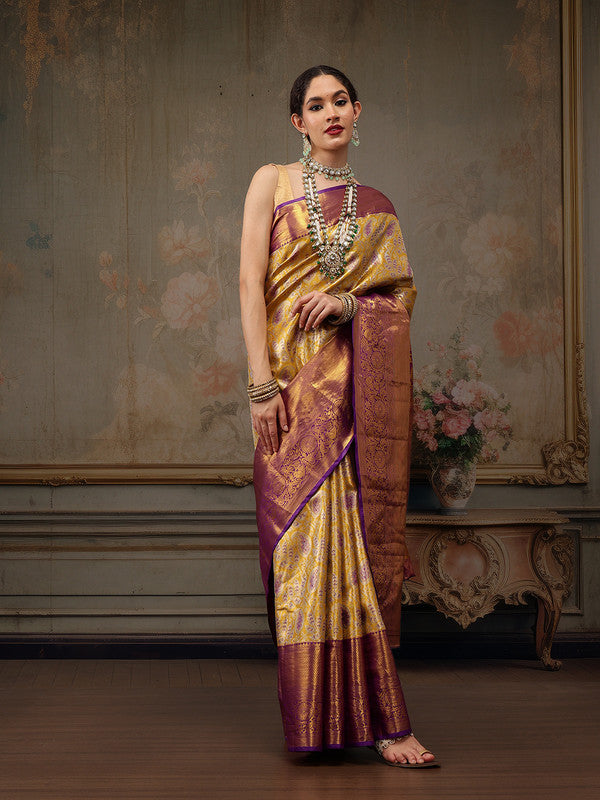 Mustard Pure Silk Woven Zari Design Floral Saree with Blouse