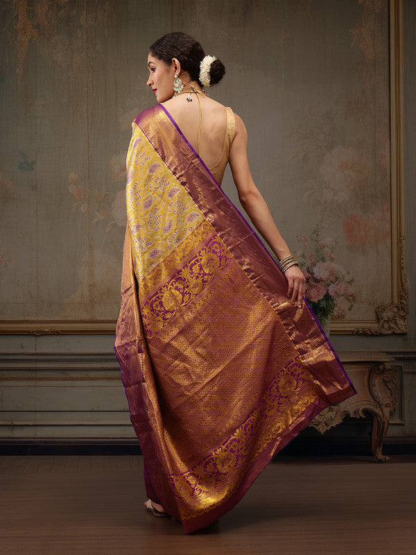 Mustard Pure Silk Woven Zari Design Floral Saree with Blouse