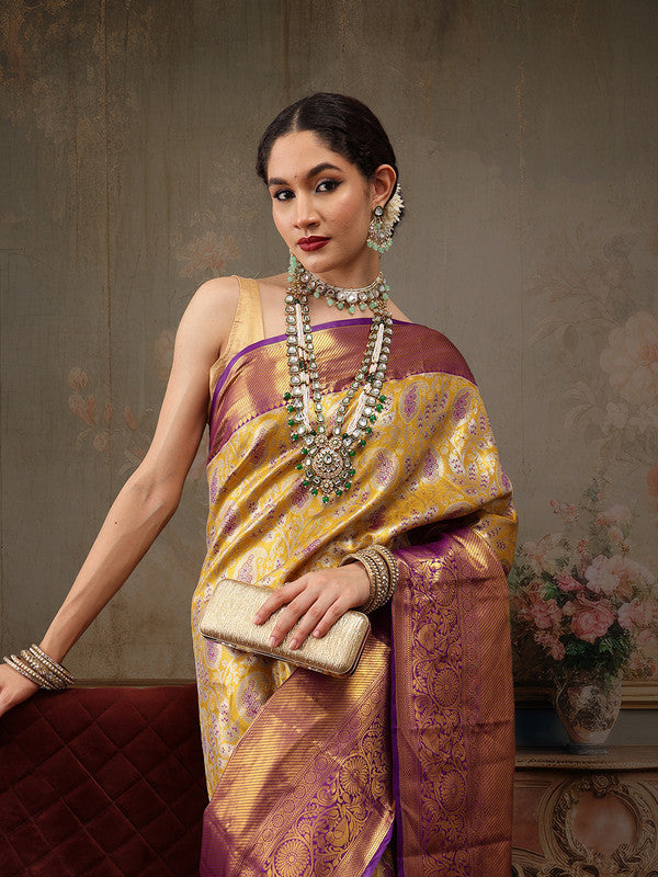 Mustard Pure Silk Woven Zari Design Floral Saree with Blouse
