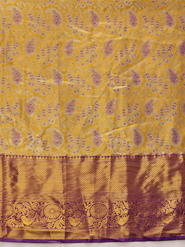 Mustard Pure Silk Woven Zari Design Floral Saree with Blouse