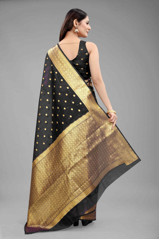 Black Pure Silk Zari Woven Polka Dot Saree with Unstitched Blouse