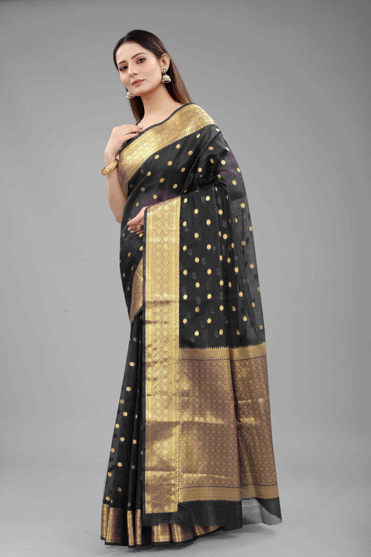 Black pure silk saree with Zari woven polka dots and matching unstitched blouse piece