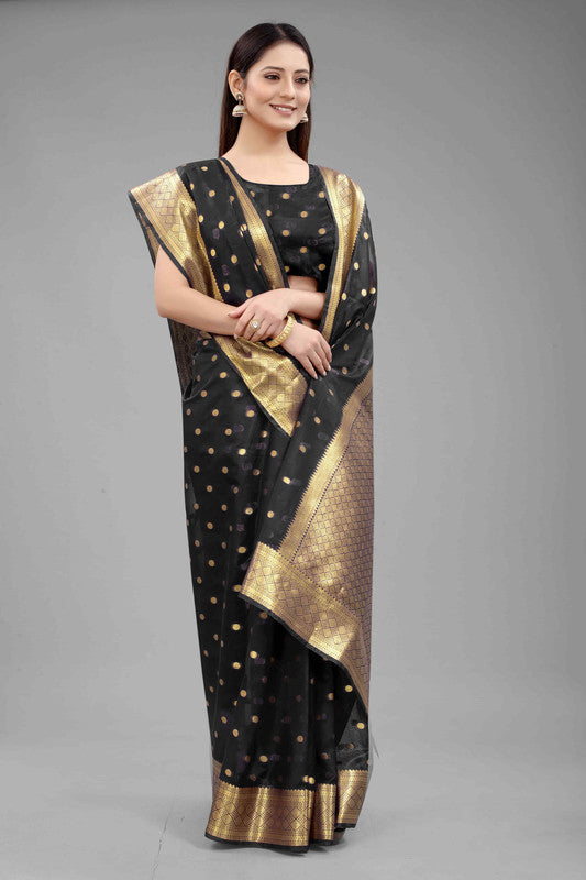 Black Pure Silk Zari Woven Polka Dot Saree with Unstitched Blouse