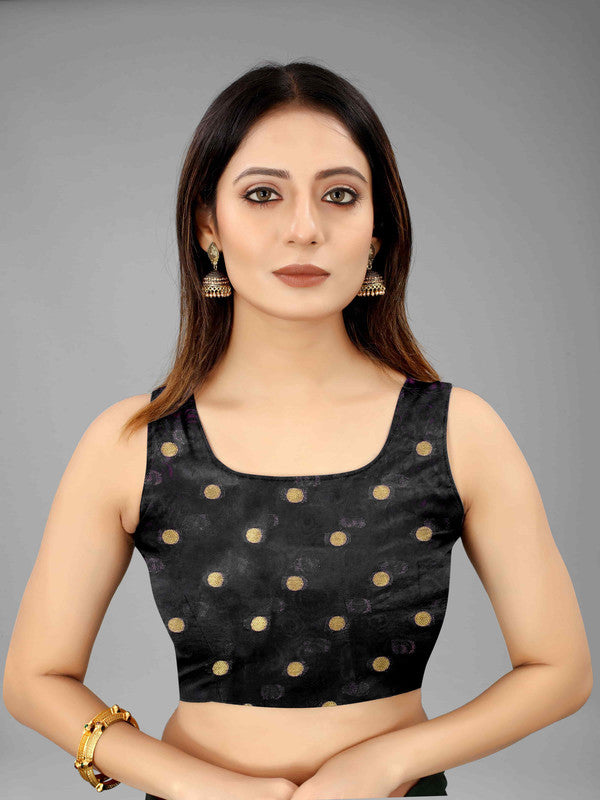 Black Pure Silk Zari Woven Polka Dot Saree with Unstitched Blouse