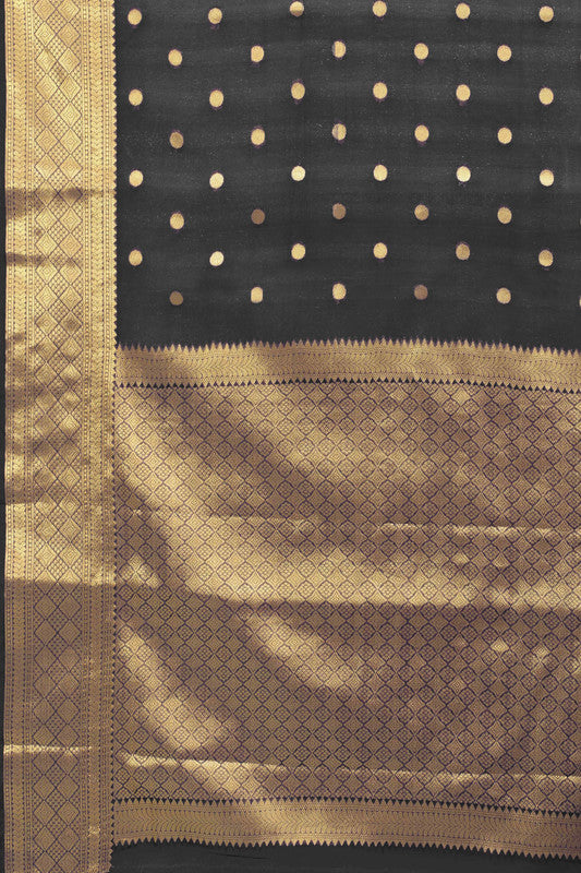 Black Pure Silk Zari Woven Polka Dot Saree with Unstitched Blouse