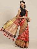 Red Art Silk saree with floral woven Ikat patterns