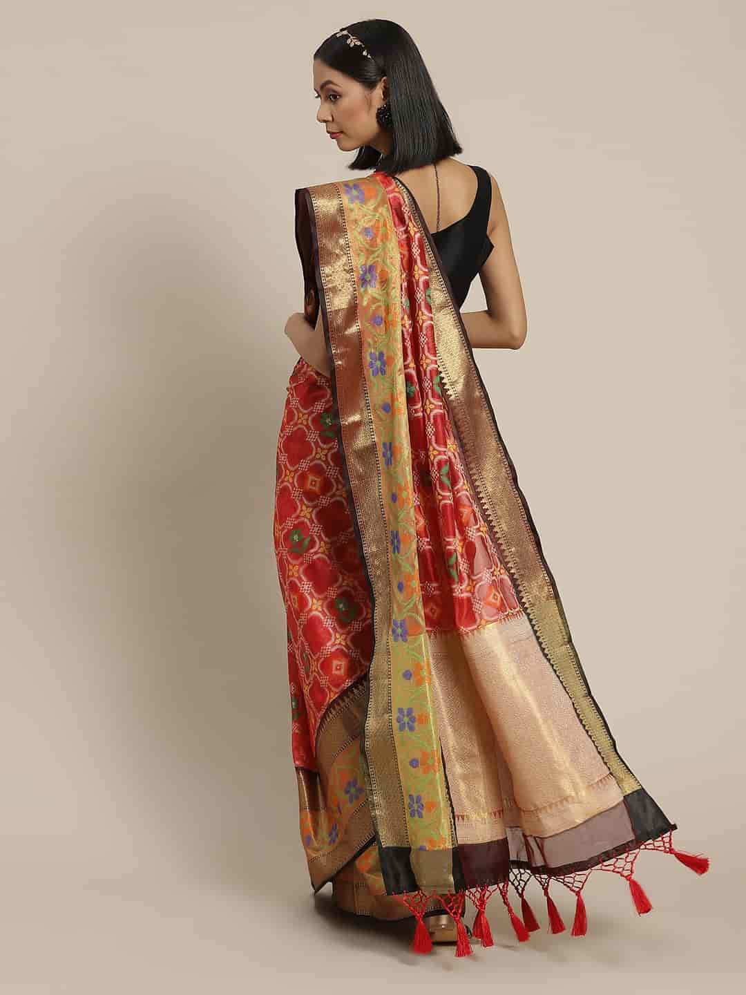 Red Ikat Art Silk Saree with Elegant Floral Woven Design