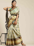 Beige Art Silk saree with geometric Ikat woven patterns