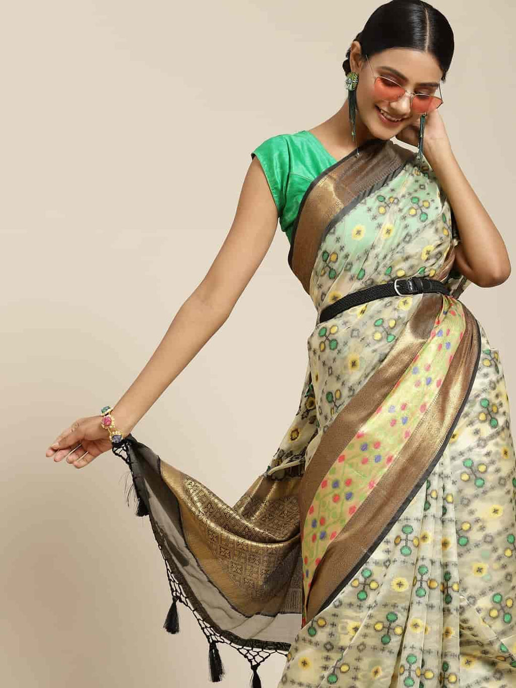 Beige Ikat Art Silk Saree with Geometric Woven Design