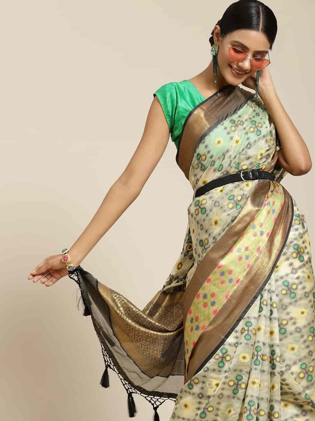 Beige Ikat Art Silk Saree with Geometric Woven Design
