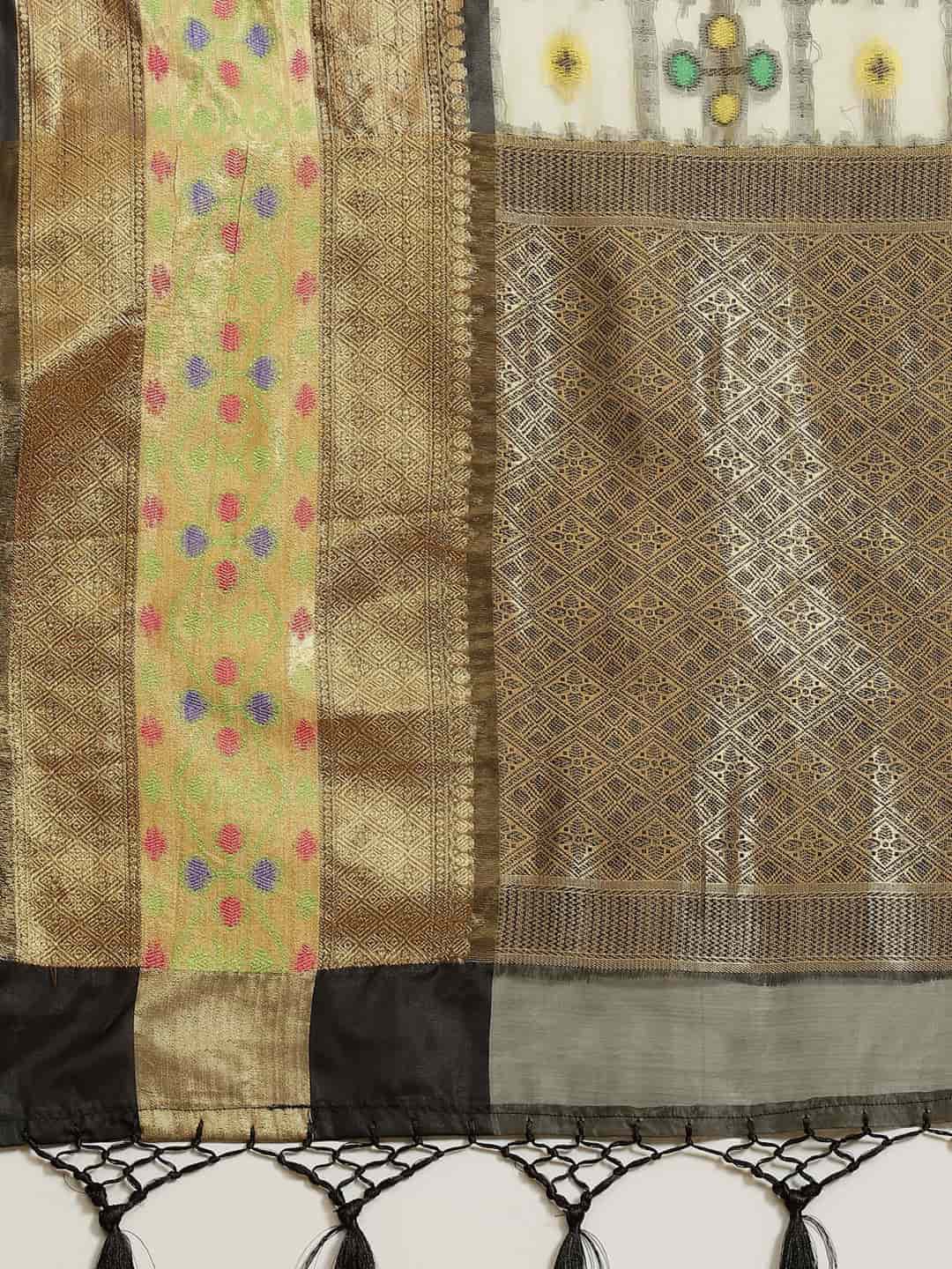 Beige Ikat Art Silk Saree with Geometric Woven Design