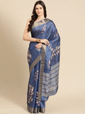 Blue silk blend saree with vibrant digital floral print and unstitched blouse piece