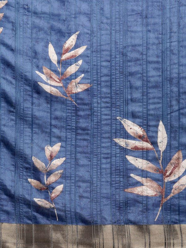 Blue Silk Blend Digital Print Floral Saree with Blouse Piece