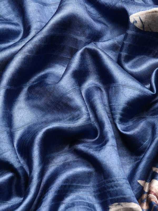 Blue Silk Blend Digital Print Floral Saree with Blouse Piece