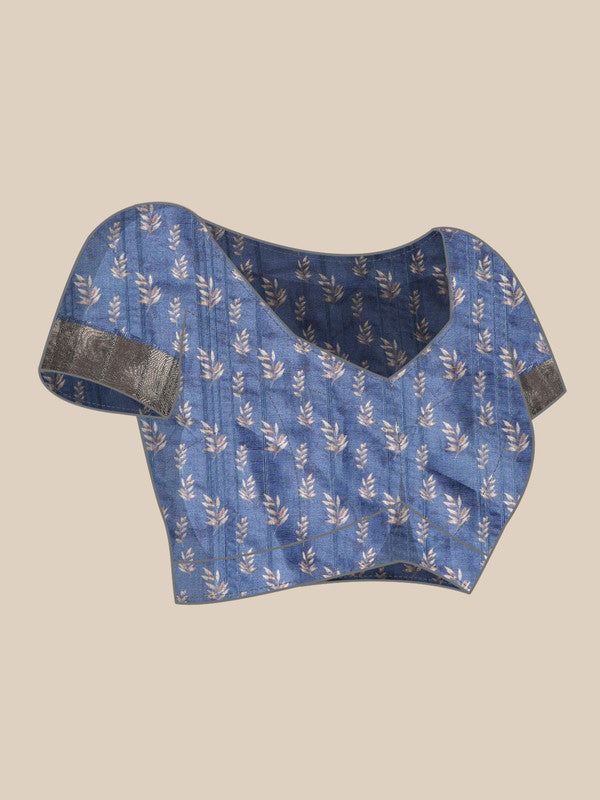 Blue Silk Blend Digital Print Floral Saree with Blouse Piece