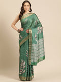Green silk blend saree featuring digital floral print and unstitched blouse