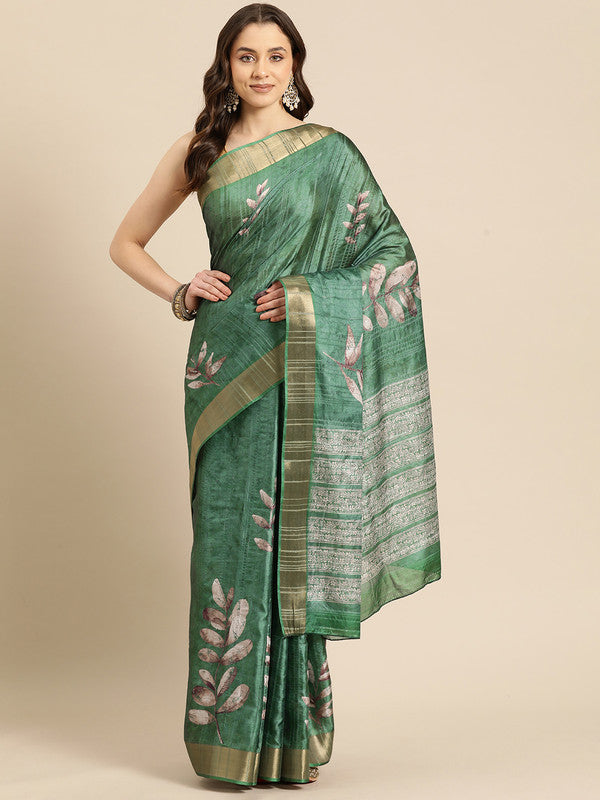 Green silk blend saree featuring digital floral print and unstitched blouse