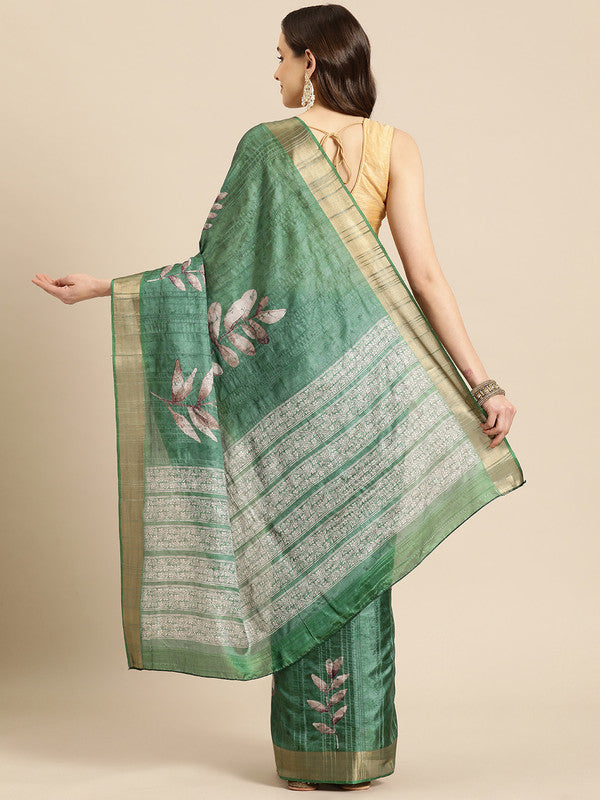 Green Silk Blend Digital Print Floral Saree with Unstitched Blouse