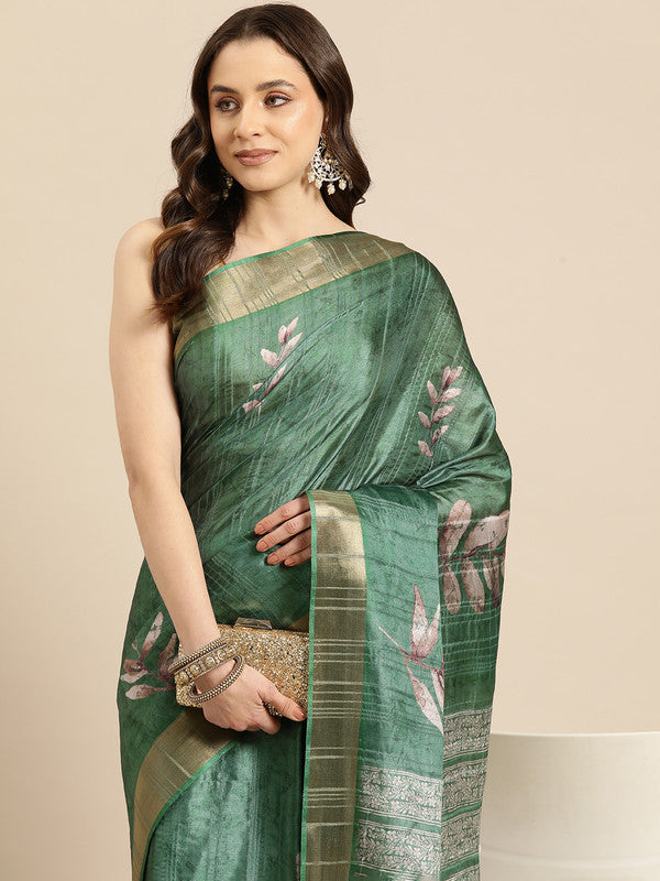 Green Silk Blend Digital Print Floral Saree with Unstitched Blouse