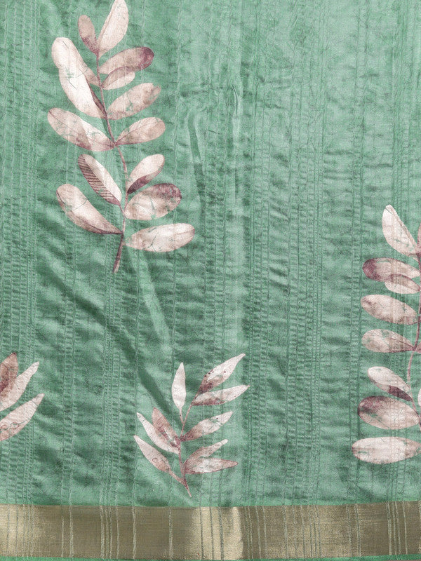 Green Silk Blend Digital Print Floral Saree with Unstitched Blouse