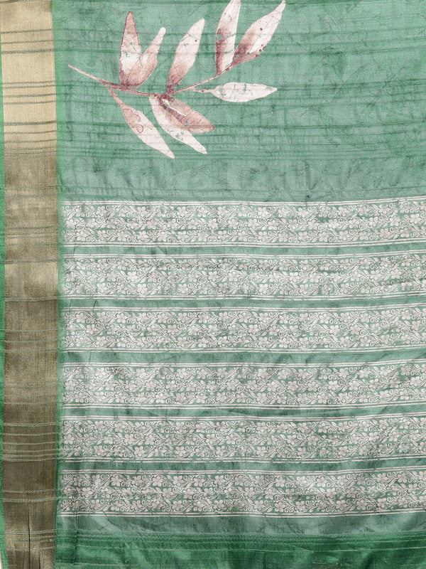 Green Silk Blend Digital Print Floral Saree with Unstitched Blouse