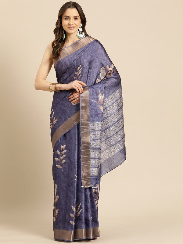 Royal Blue silk blend saree with colorful floral digital prints and matching unstitched blouse