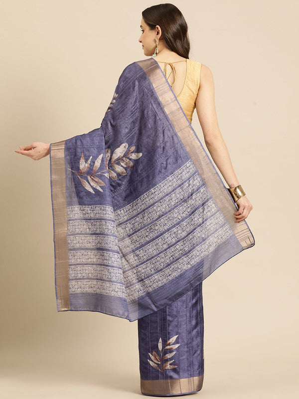 Royal Blue Silk Blend Floral Digital Print Saree with Blouse Piece