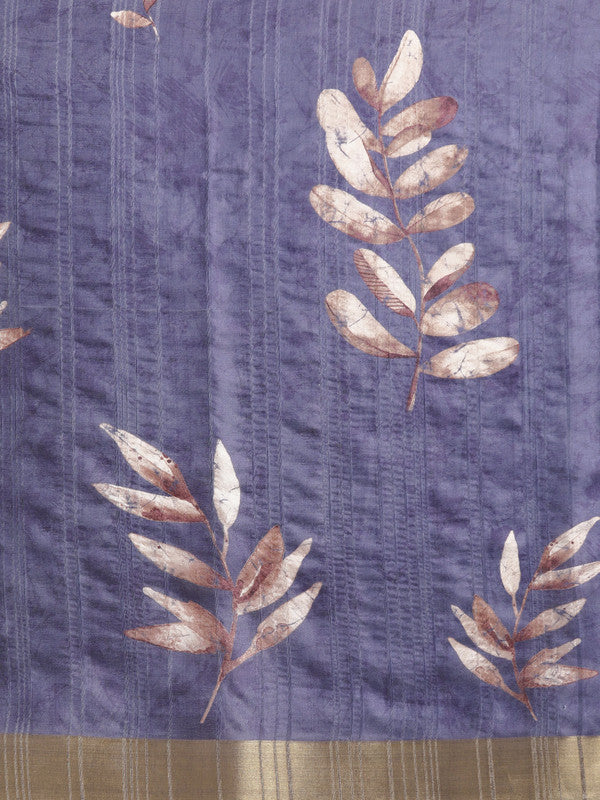 Royal Blue Silk Blend Floral Digital Print Saree with Blouse Piece