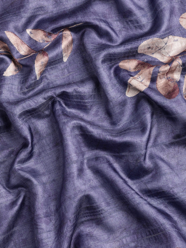 Royal Blue Silk Blend Floral Digital Print Saree with Blouse Piece