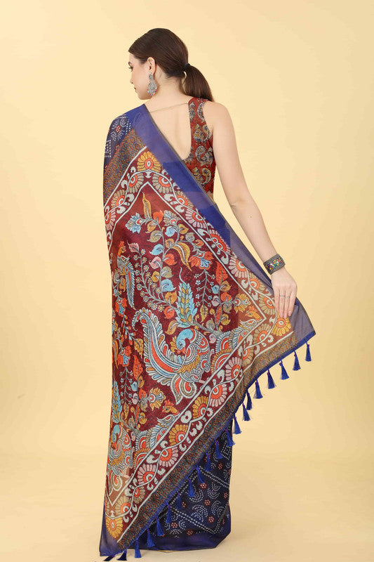 Blue Cotton Blend Printed Bandhani Saree with Unstitched Blouse - Hiral Fashion
