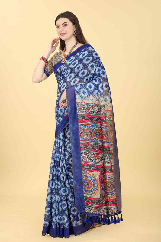 Blue Cotton Blend Printed Geomatric Saree with Unstitched Blouse - Hiral Fashion