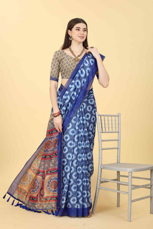 Blue Cotton Blend Printed Geomatric Saree with Unstitched Blouse - Hiral Fashion
