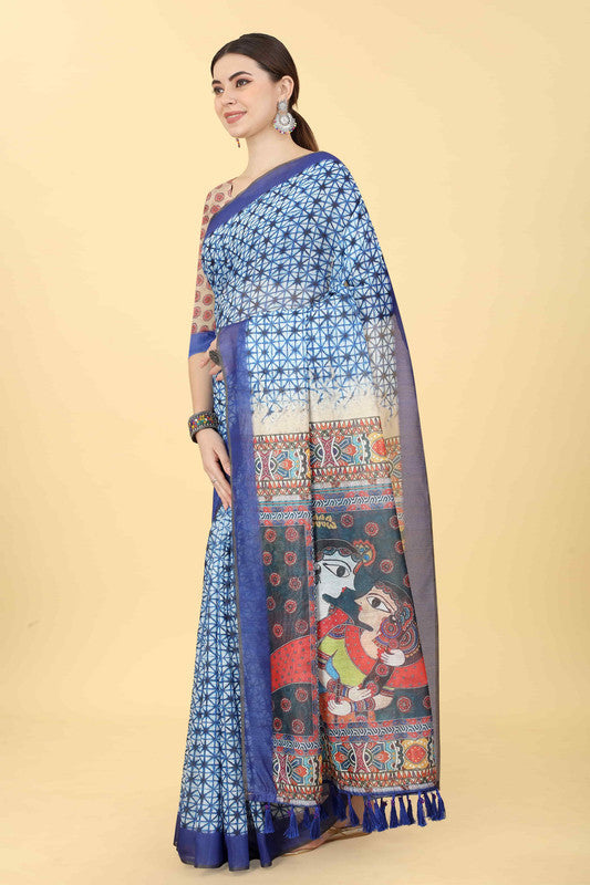 Blue geometric print cotton blend saree with unstitched blouse piece