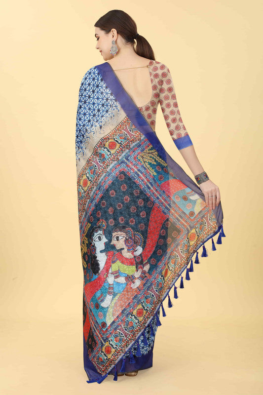 Blue Geometric Print Cotton Blend Saree with Unstitched Blouse