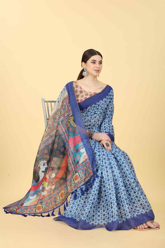 Blue Geometric Print Cotton Blend Saree with Unstitched Blouse