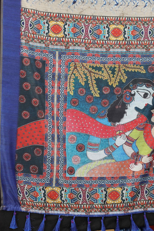 Blue Geometric Print Cotton Blend Saree with Unstitched Blouse