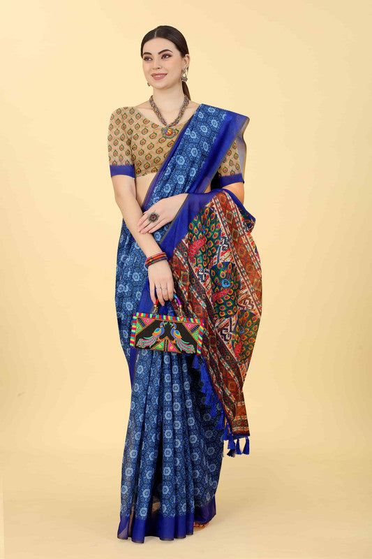 Blue Cotton Blend Printed Geomatric Saree with Unstitched Blouse - Hiral Fashion