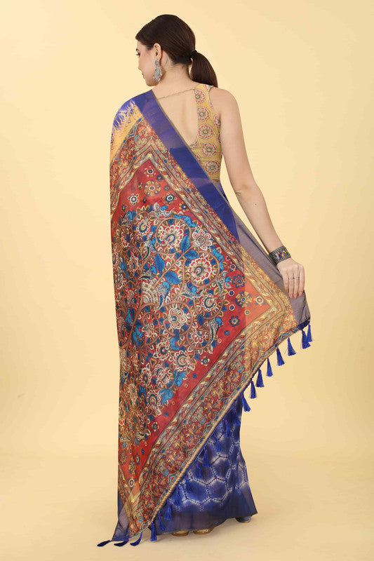 Blue Printed Abstract Cotton Blend Saree with Blouse Piece