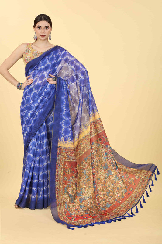 Blue abstract print cotton blend saree with unstitched blouse