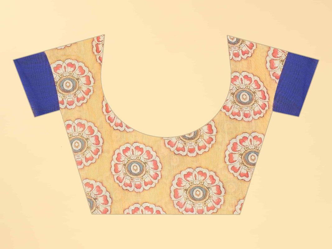 Blue Printed Abstract Cotton Blend Saree with Blouse Piece