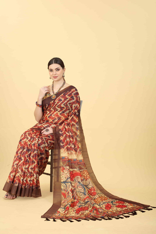 Blue abstract print saree in cotton blend fabric