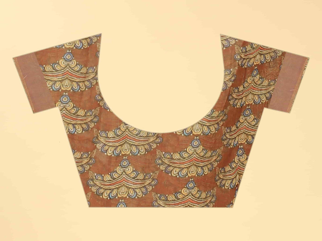 Blue Cotton Blend Printed Kalamkari Saree with Unstitched Blouse - Hiral Fashion