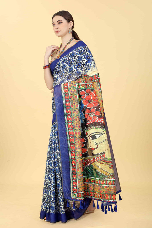 Blue cotton blend Kalamkari printed saree with matching unstitched blouse piece